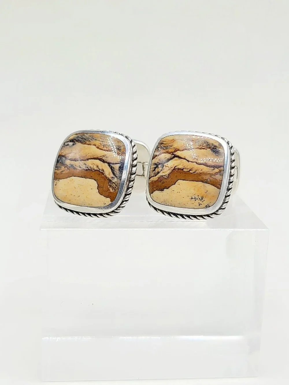 David Yurman Exotic Stone Cufflinks in Sterling Silver with Jasper - RARE
